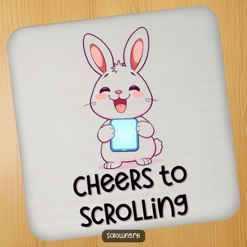 Funny Rabbit Coaster: A delighted rabbit holds a glowing mobile phone, offering humorous tech-themed surface protection.
