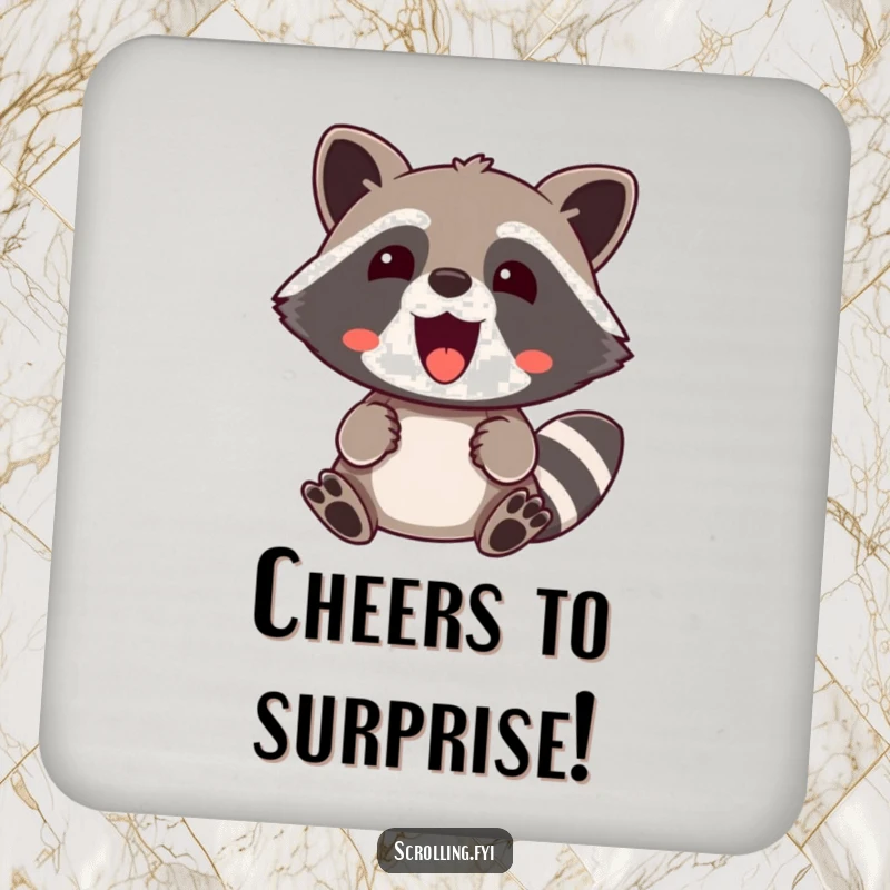 Funny Coaster: A jovial raccoon shows shocked joy and happy surprise, protecting surfaces with comic flair.