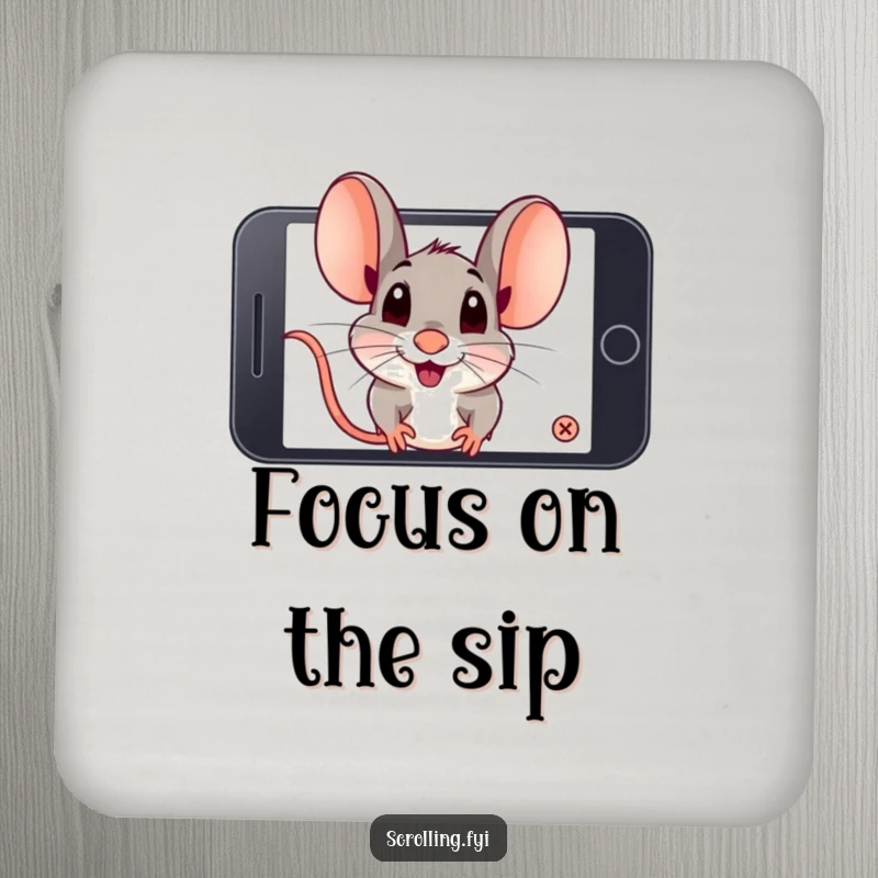 Funny playful mouse zooming in closely on a smartphone screen. Perfect funny coaster.