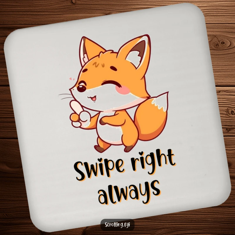 Funny drink coaster set featuring a happy fox character scrolling, protecting surfaces with humor as a funny gift.
