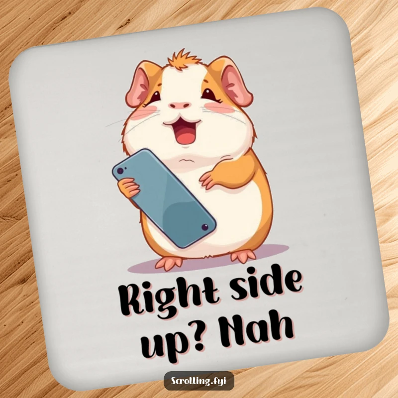 Funny giggling guinea pig holding a smartphone upside down with a look of pure amusement. Great funny coaster.