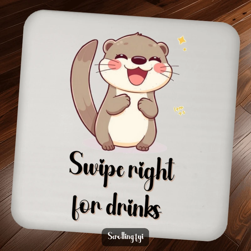 Funny drink coaster with a joyful otter swiping across a virtual interface, protecting surfaces with tech-themed humor.