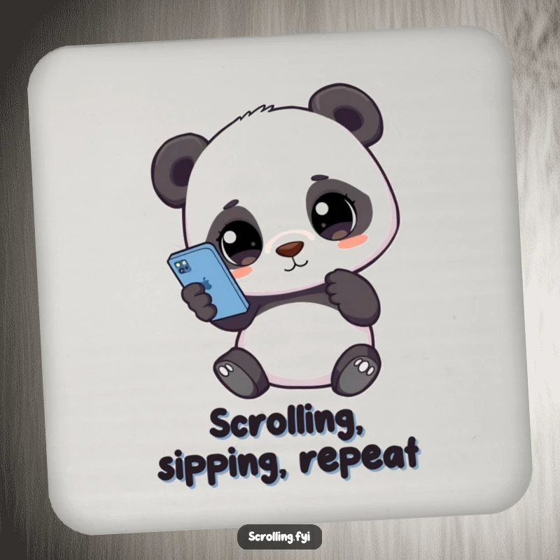 Funny coasters featuring a cute panda holding a smartphone, eyes glued to the screen, adding tech humor and surface protection.