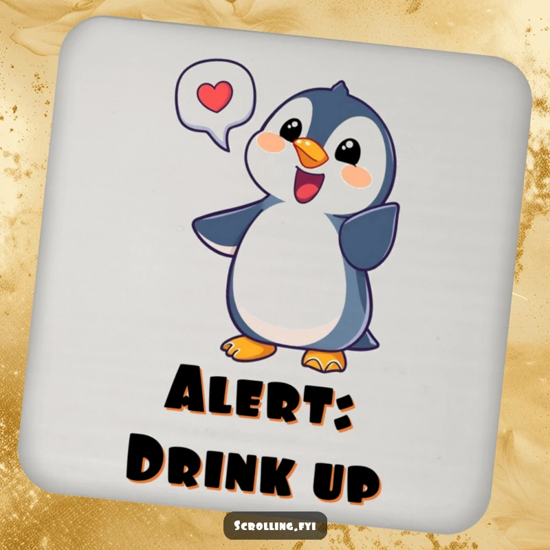 Funny penguin notification coasters featuring a delighted penguin, protecting surfaces with humor and as a funny gift.