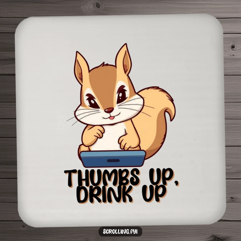 Funny Squirrel Coaster: A humorous coaster depicting a determined squirrel intensely focused on a device, thumbs flying.