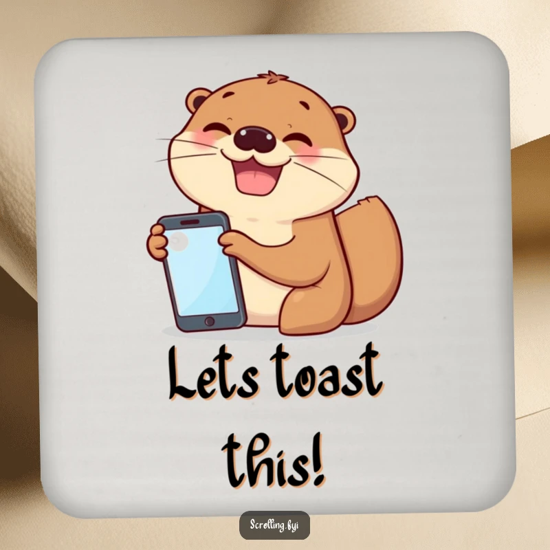 Funny drink coaster featuring cheerful otters sharing a mobile screen with big grins, a friendship accessory.