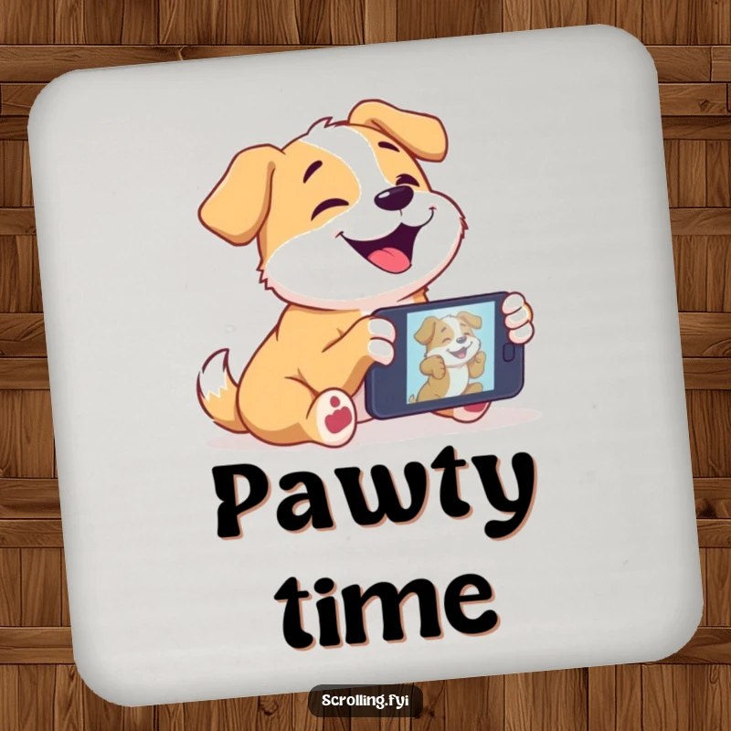 Funny dog drink coaster with a joyful dog captivated by a video on a mobile device.