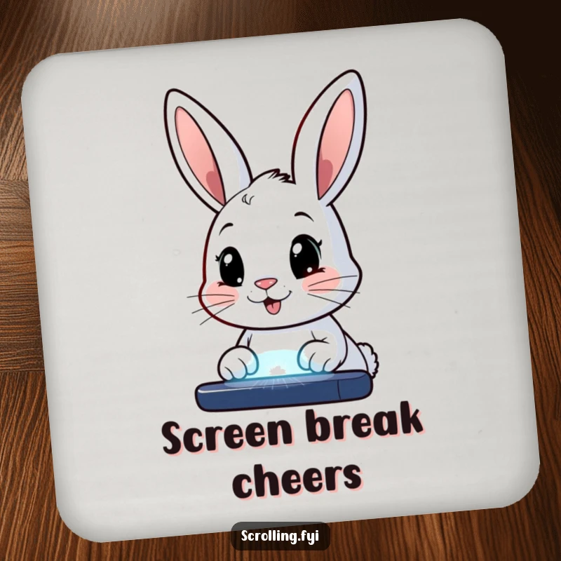 Funny drink coaster showcasing a happy bunny with wide eyes, staring intently at a glowing screen, protecting surfaces with digital humor.