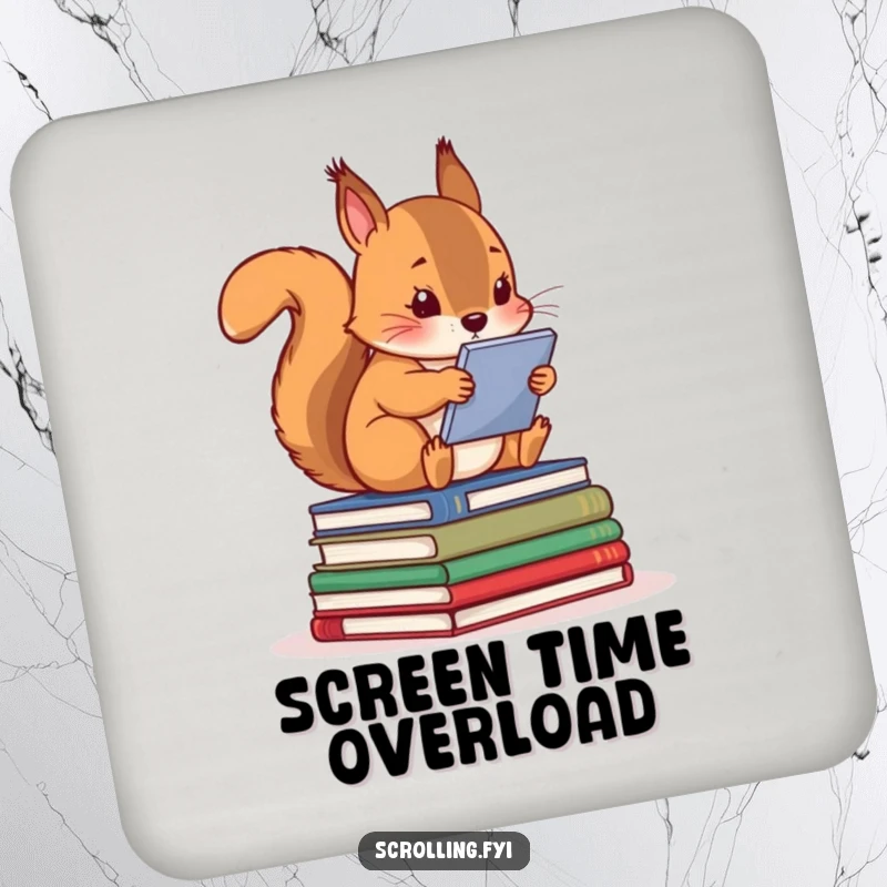 Funny squirrel on books, absorbed by a screen, a humorous drink coaster for tech enthusiasts.
