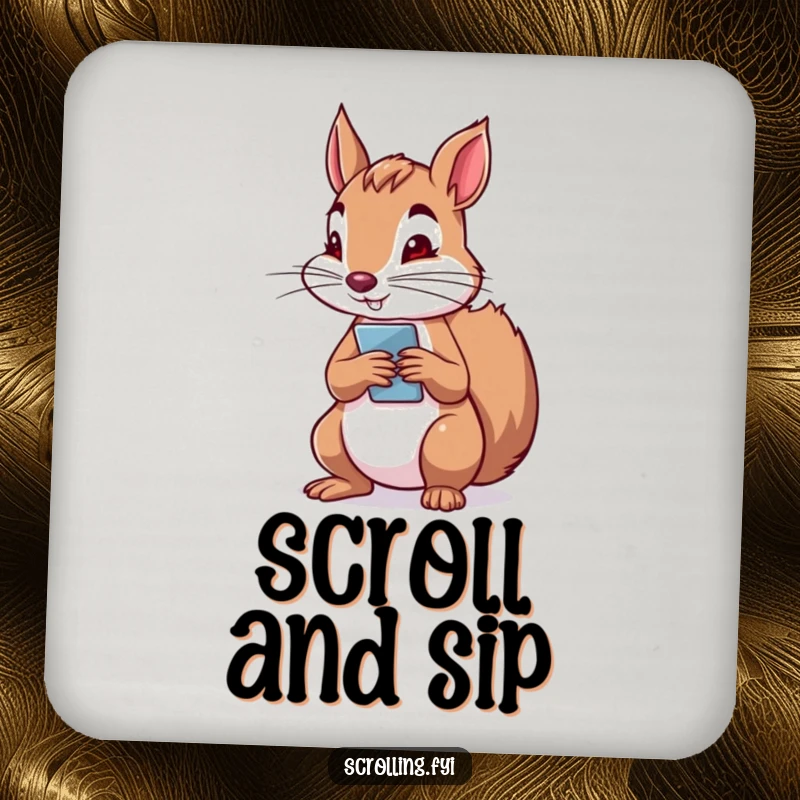 Funny coaster featuring a determined squirrel holding a phone vertically, engrossed in scrolling with focused intent, adding tech humor.