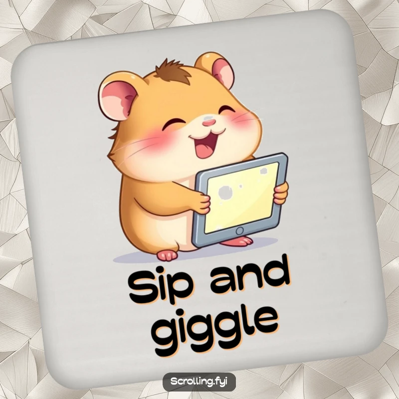 Funny drink coaster with a giggling hamster holding a tablet, its face illuminated by the screen, adding cute tech humor to decor.