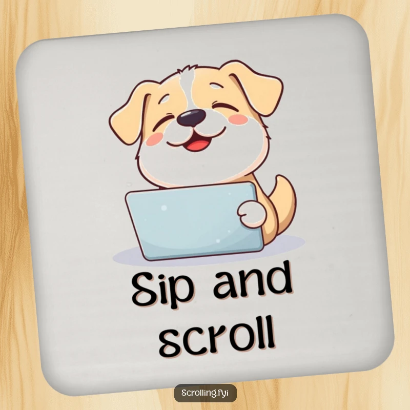 Funny happy sighing dog looks up from a tablet, a humorous drink coaster for pet enthusiasts.