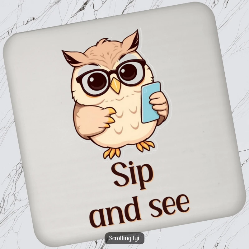 Funny owl drink coaster with a wise owl squinting at a small phone screen, adjusting its spectacles.