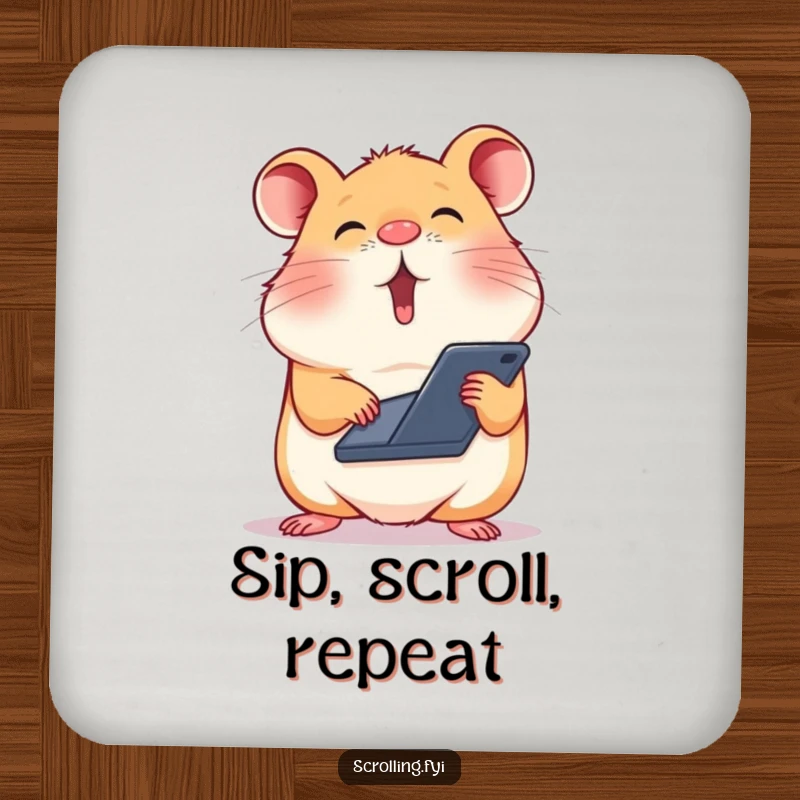 Funny drink coaster with a silly hamster balancing a smartphone on its nose, scrolling rapidly.
