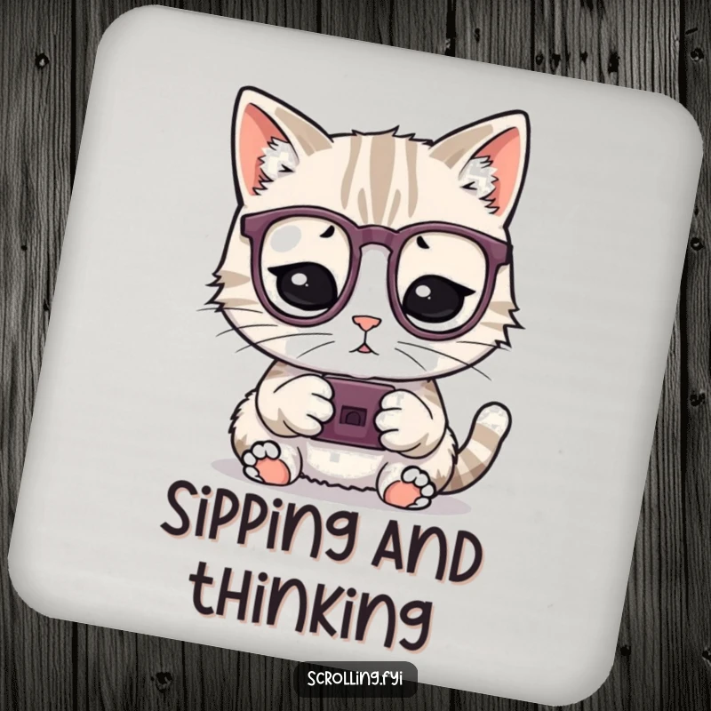 Funny drink coaster set featuring a playful cat with glasses using a tiny device, a stylish funny gift.