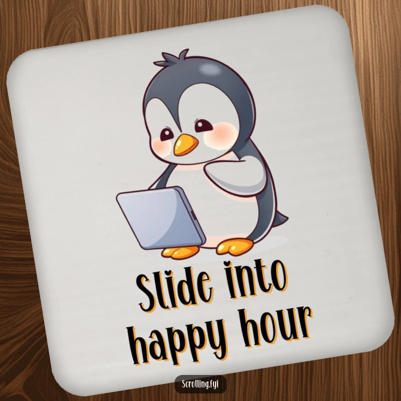 Funny coasters with a gleeful penguin watching a tablet, highlighting a humorous and protective accessory.