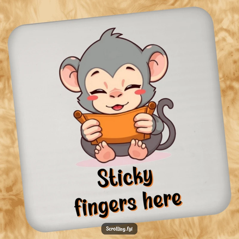 Funny drink coaster featuring a monkey vigorously scrolling with both hands. Protects surfaces with humorous screen time commentary.