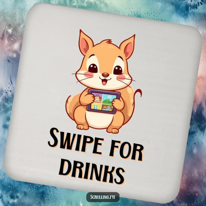 Funny drink coaster featuring an excited squirrel energetically swiping through images on a tablet. Protects surfaces with tech personality.