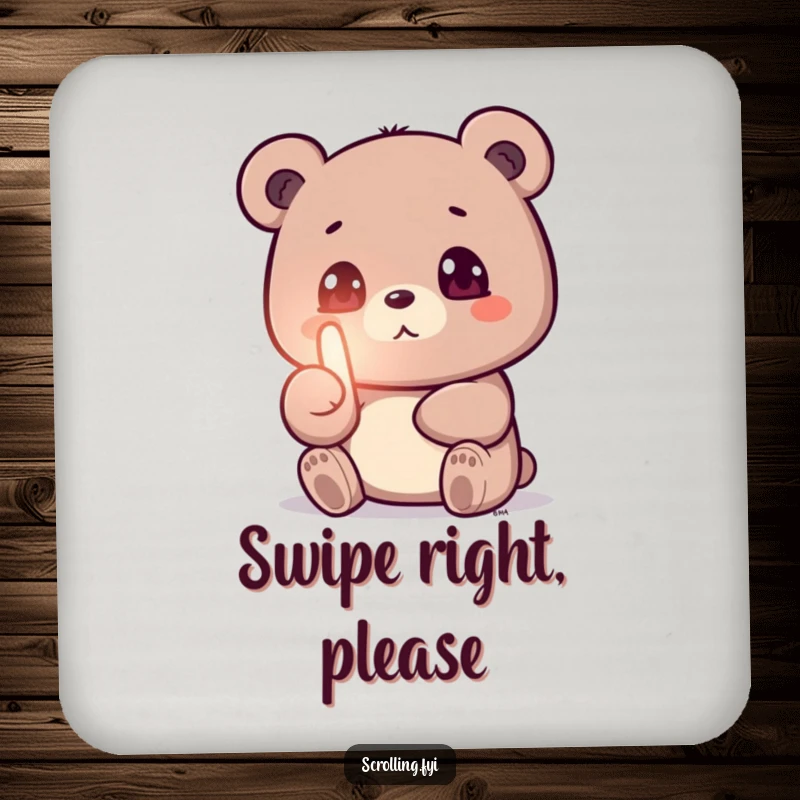 Funny drink coaster featuring a small bear focused on a glowing phone screen, thumb swiping, a humorous accessory.