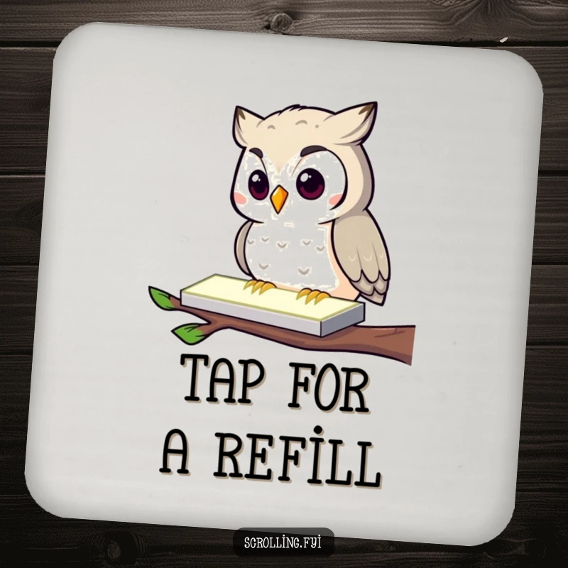 Funny Owl Coaster: A curious owl tapping a glowing screen, humorously protecting surfaces, a charming and practical home accessory.