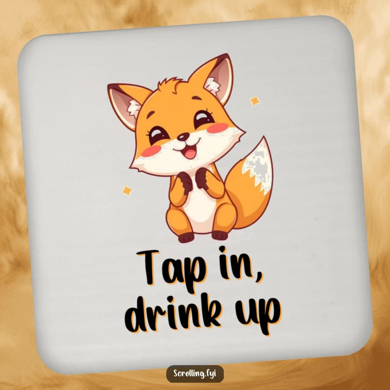 Funny Fox Coaster: A cheerful fox taps furiously on a screen, offering humorous protection for your surfaces.