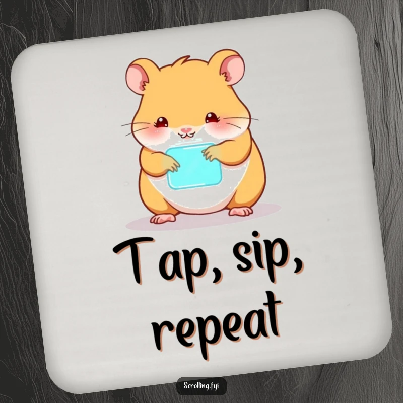 Funny hamster drink coaster, tapping on a glowing device, showing cute gadget obsession.
