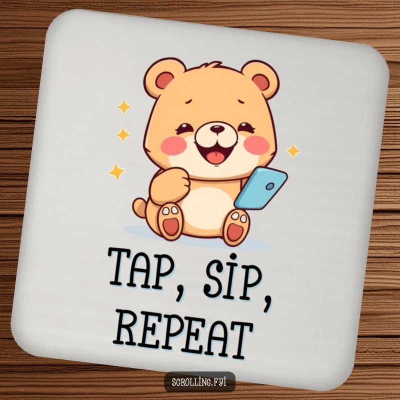 Funny bear drink coaster, happy face, tapping phone, implying constant connectivity.