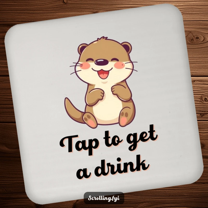 Funny otter drink coaster, joyfully and rapidly tapping on a small screen with its paw, adding tech humor.