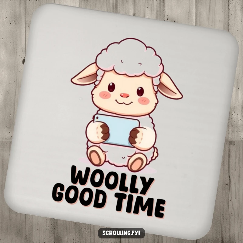 Funny sheep drink coaster with a content sheep holding a phone horizontally, watching a video serenely.