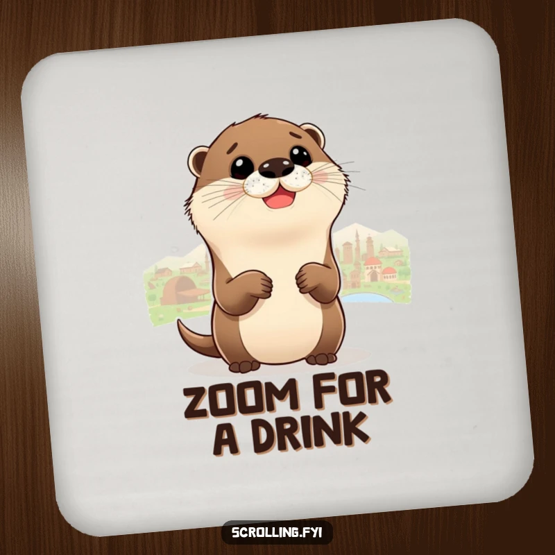 Funny Otter Coasters featuring a delighted otter zooming out to see a whole panorama, protecting surfaces with charm.