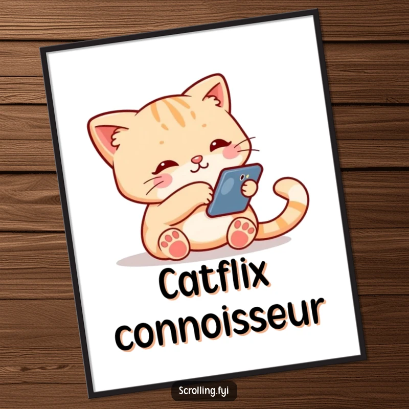 Funny poster featuring a cute cat character holding a smartphone and swiping down the screen, adding tech-savvy humor to wall art.