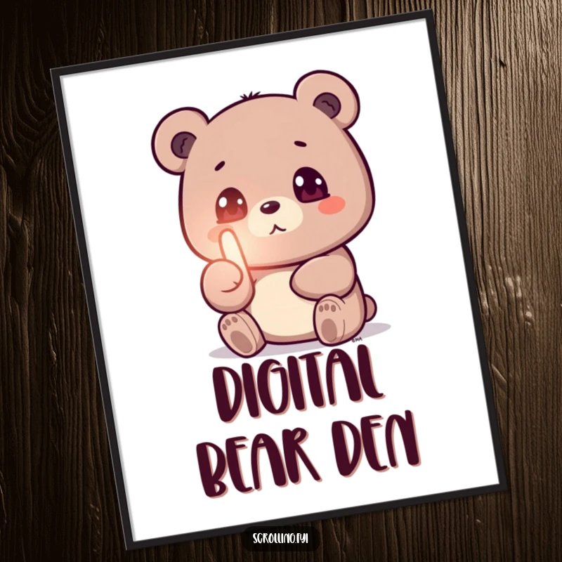 Funny poster of a small bear transfixed by a glowing screen, thumb actively swiping, capturing the humor of digital obsession.