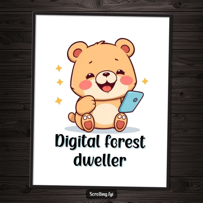 Funny bear poster, wide smile, rapidly tapping a phone, illustrating tech obsession in a humorous way.