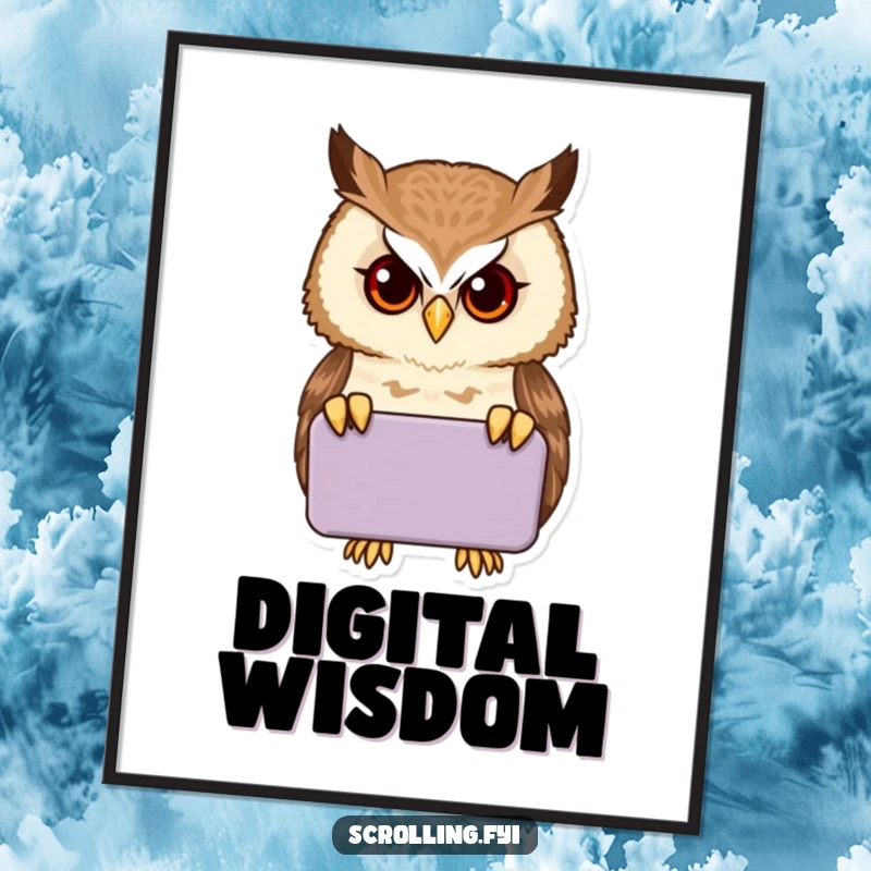 Funny proud owl intently peering into a handheld device, creating a whimsical and hilarious piece of wall art.