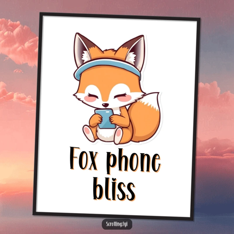 Funny poster print of a charming fox with a wide, happy smile, fully engrossed in its phone screen.