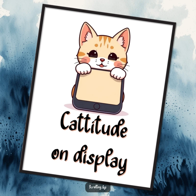 Funny cat poster showing a cute cat peeking over a giant smartphone screen, adding digital humor to walls.