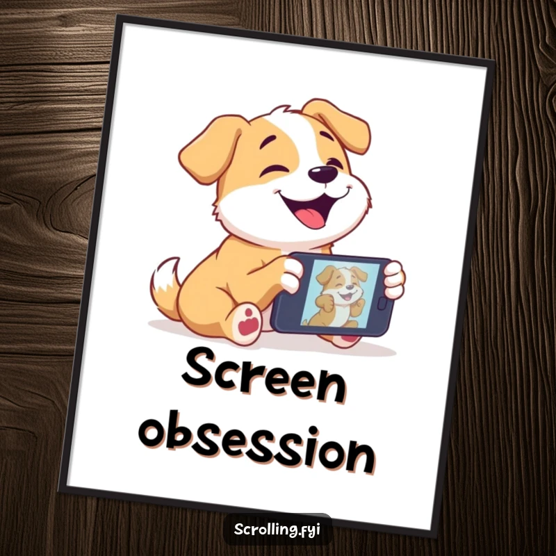 Funny dog poster featuring a joyful dog completely captivated by a video playing on a mobile device.