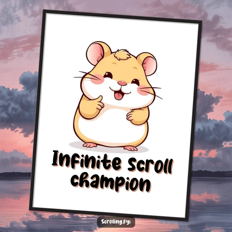 Funny Hamster Poster: Humorous artwork of a happy hamster with one finger scrolling down a vivid, glowing smartphone screen.