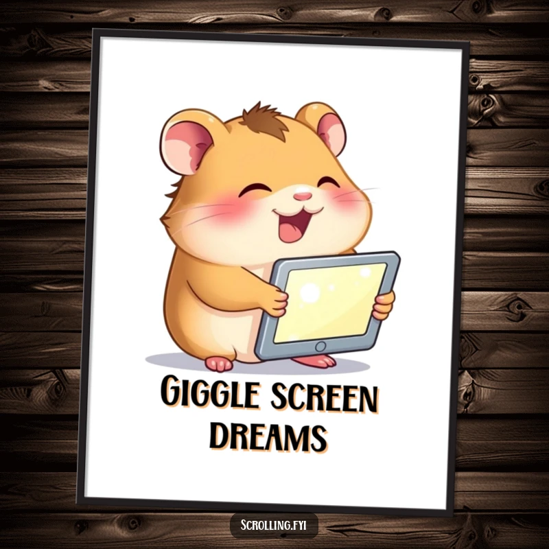 Funny poster art of a giggling hamster holding a tablet, its face lit by the screen, bringing cute tech humor to decor.