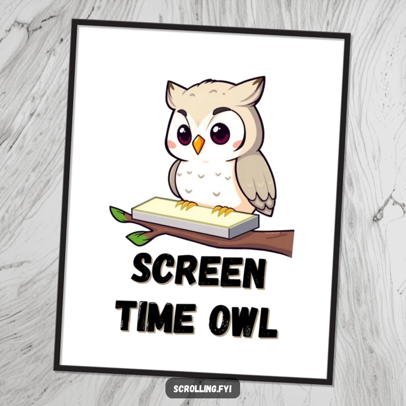 Funny Owl Poster: A curious owl tapping a glowing rectangle, depicting modern screen time humorously, ideal wall art.