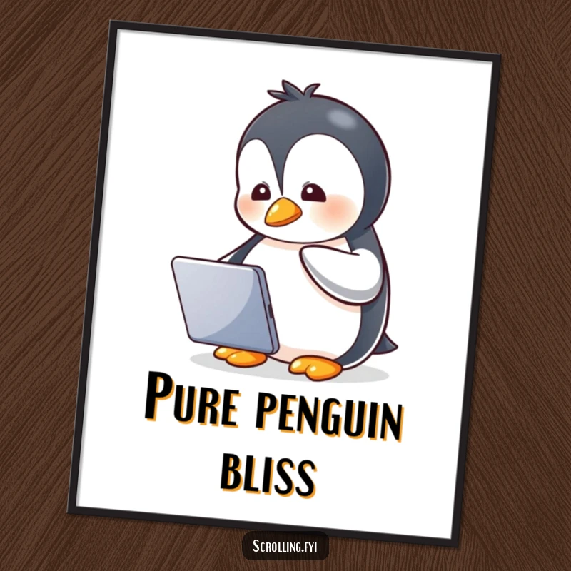 Funny poster of a little penguin watching a tablet with intense glee, portraying a humorous and screen-focused character.