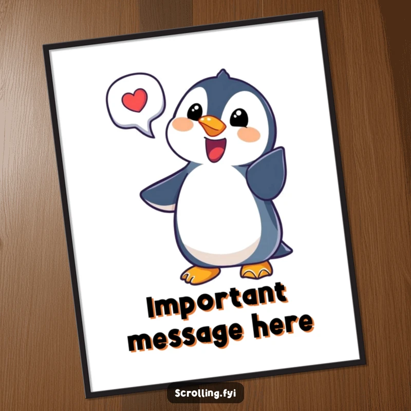 Funny penguin notification poster showing a delighted penguin pointing at a bubble, great for wall art and as a funny gift.