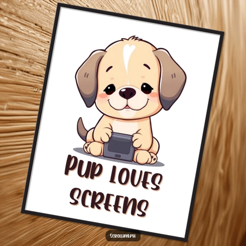 Funny Puppy Poster: A content puppy intently gazing at a small glowing screen, depicting tech fascination humorously, ideal wall art.