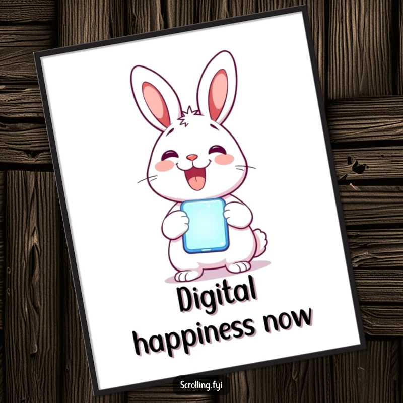 Funny Rabbit Poster: A delighted rabbit holds a glowing mobile phone, radiating joy and tech fascination.