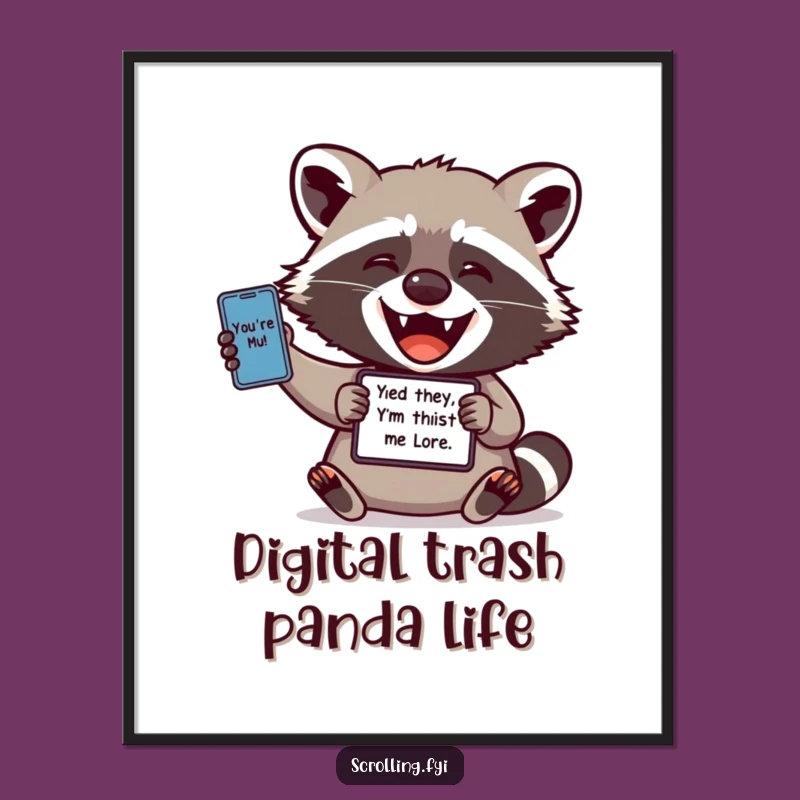 Funny Raccoon Meme Poster: Delighted Raccoon Sharing Digital Laughs, Wall Art Gift