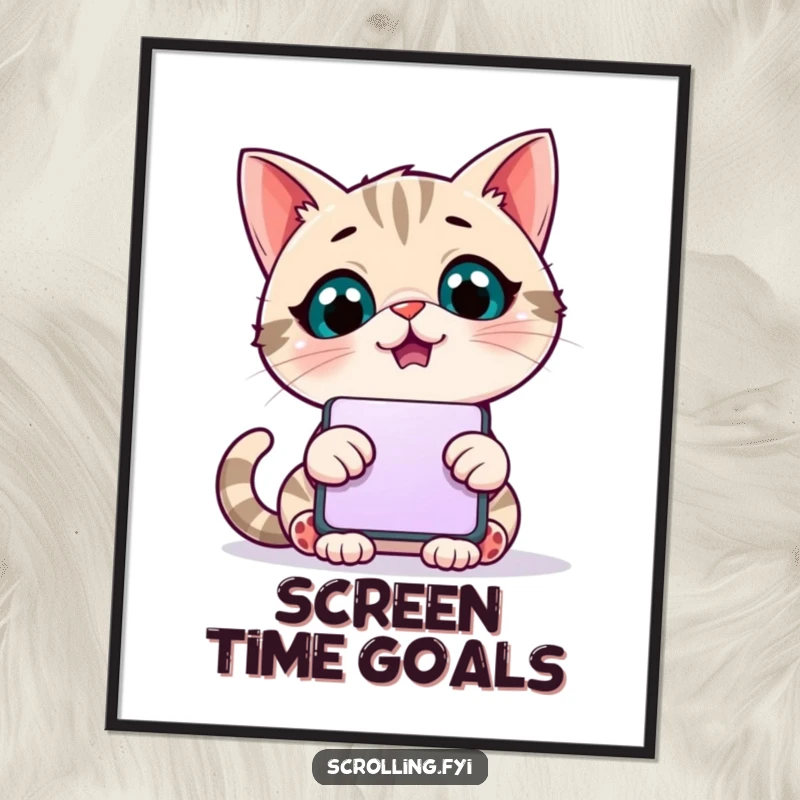 Funny poster art of a giggling cat with wide eyes, captivated by a massive, scrolling phone screen.