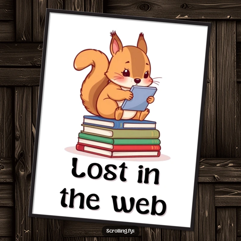 Funny squirrel sits on books, mesmerized by a screen, vibrant poster artwork celebrating digital life.