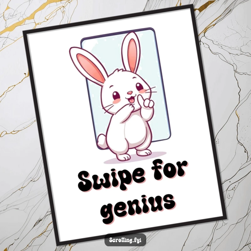 Funny Poster: A rabbit gleefully swiping a giant touchscreen, symbolizing playful engagement with technology and adding humorous decor.