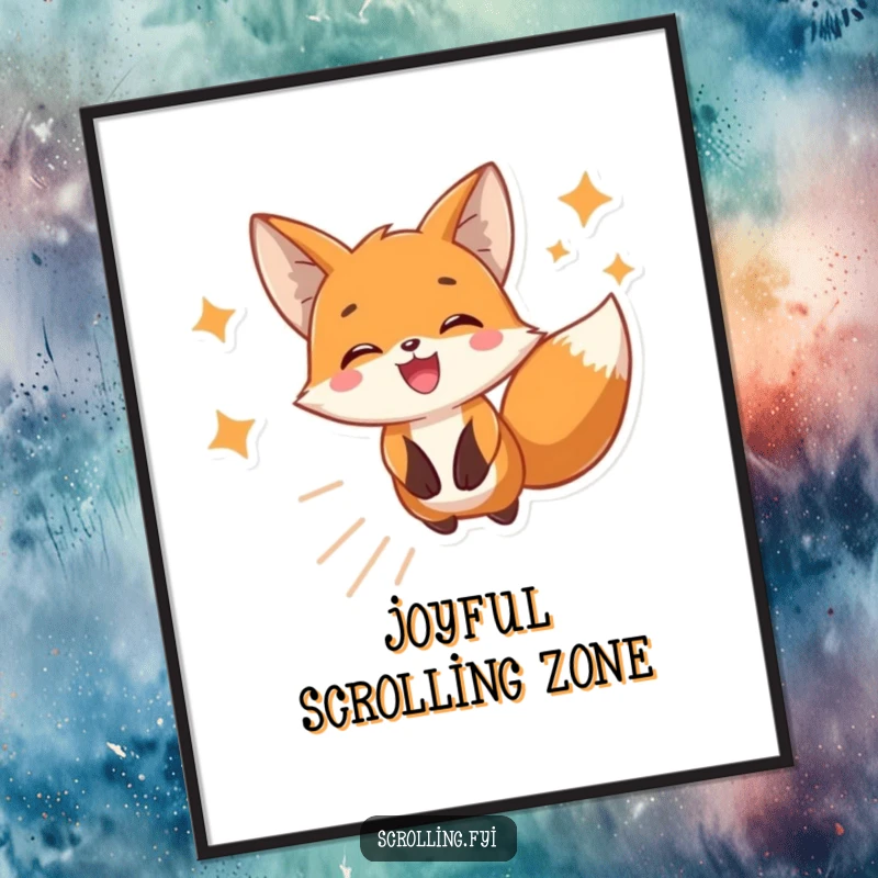 Funny poster of a cheerful fox joyfully scrolling through phone images, adding a touch of tech humor and personality to wall decor.