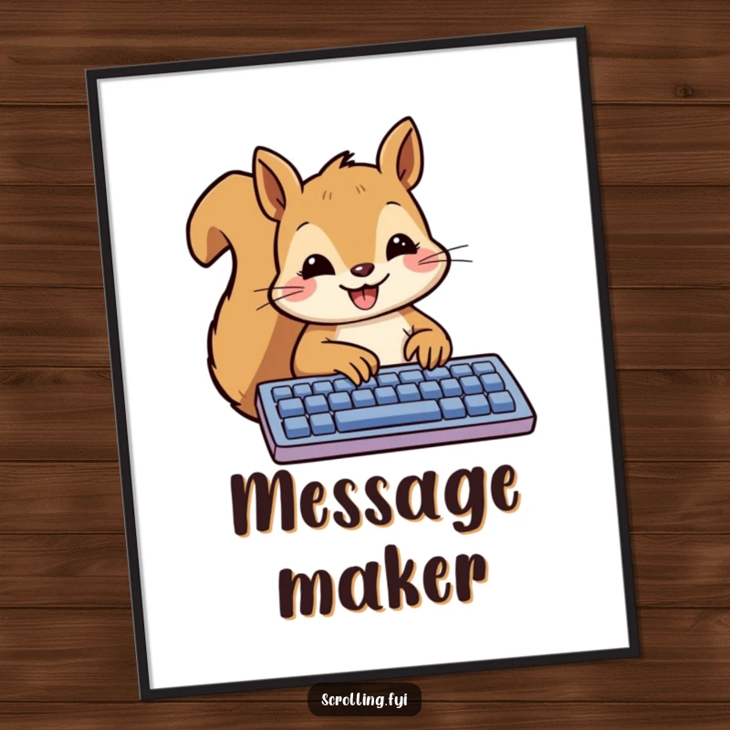 Funny Squirrel Poster featuring a smiling squirrel happily typing a message on a keyboard, adding artistic humor.